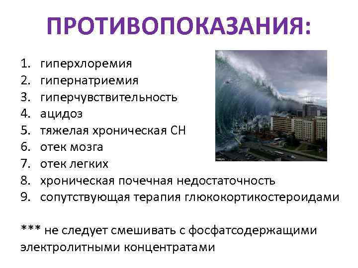  ПРОТИВОПОКАЗАНИЯ: 1.  гиперхлоремия 2.  гипернатриемия 3.  гиперчувствительность 4.  ацидоз