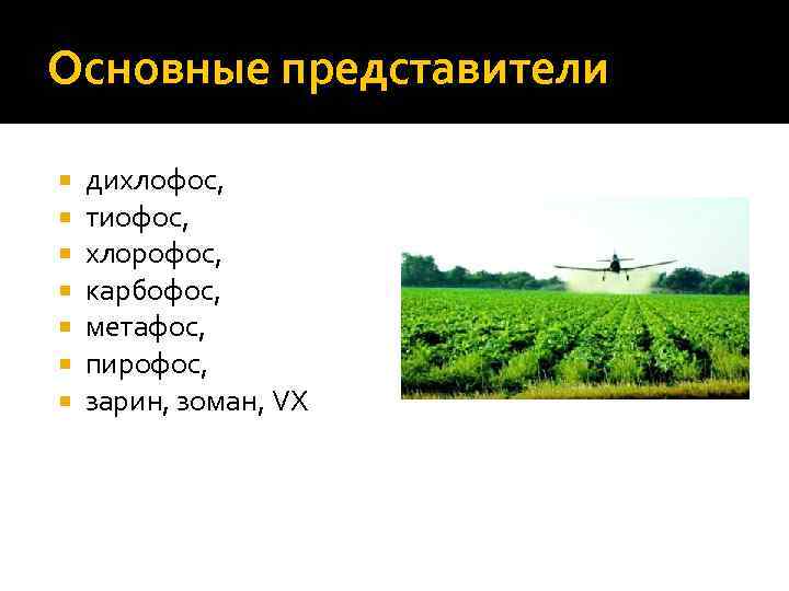 Основные представители дихлофос, тиофос, хлорофос, карбофос, метафос, пирофос, зарин, зоман, VX 