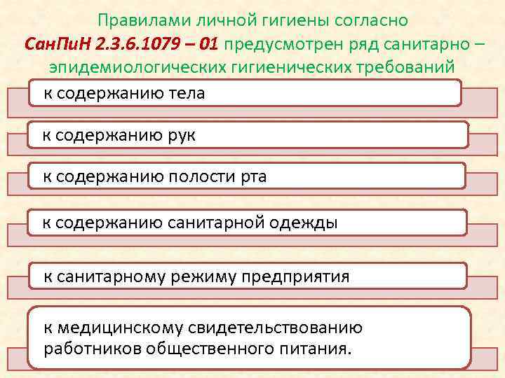    Правилами личной гигиены согласно Сан. Пи. Н 2. 3. 6. 1079