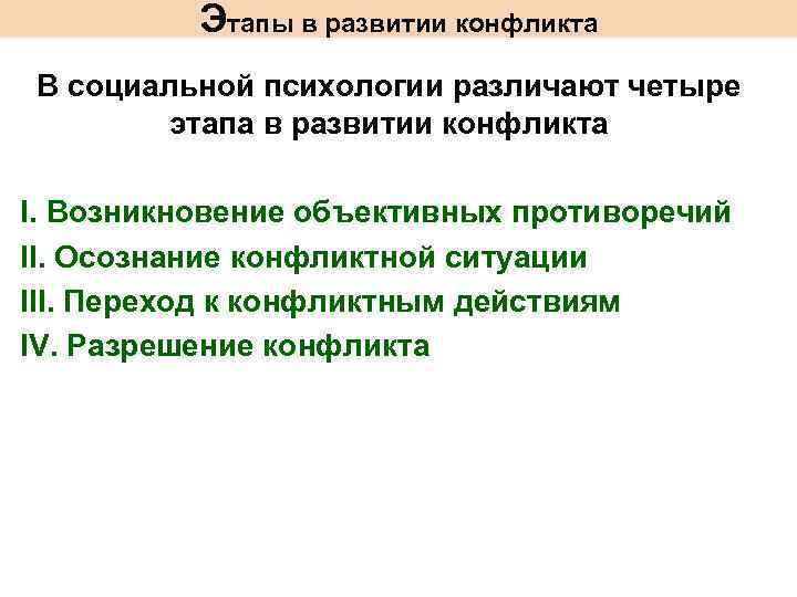    Этапы в развитии конфликта В социальной психологии различают четыре  