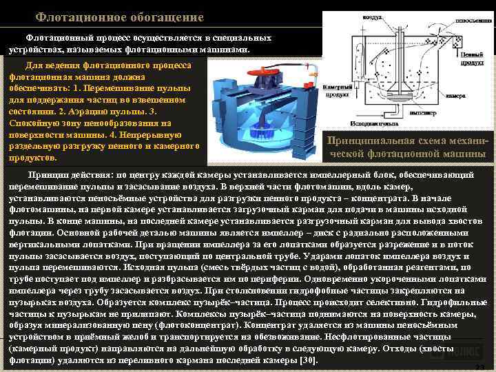 Флотационное обогащение Флотационный процесс осуществляется в специальных устройствах, называемых флотационными машинами. Флотационное обогащение Флотационный процесс осуществляется в специальных устройствах, называемых флотационными машинами.