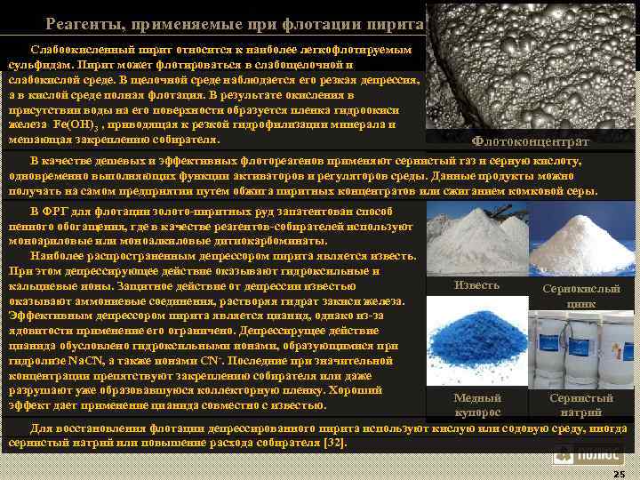 Реагенты, применяемые при флотации пирита Слабоокисленный пирит относится к наиболее легкофлотируемым сульфидам. Реагенты, применяемые при флотации пирита Слабоокисленный пирит относится к наиболее легкофлотируемым сульфидам.