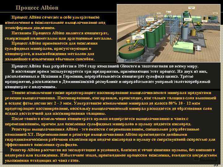 Процесс Albion сочетает в себе ультратонкое измельчение и окислительное выщелачивание под атмосферным давлением. Процесс Albion сочетает в себе ультратонкое измельчение и окислительное выщелачивание под атмосферным давлением.