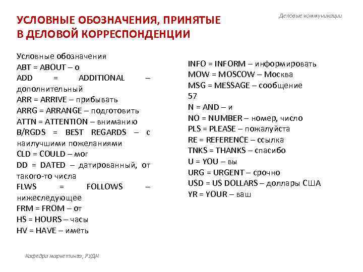 УСЛОВНЫЕ ОБОЗНАЧЕНИЯ, ПРИНЯТЫЕ     Деловые коммуникации  В ДЕЛОВОЙ КОРРЕСПОНДЕНЦИИ Условные