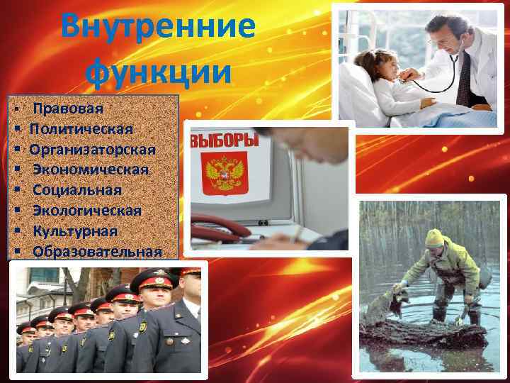   Внутренние   функции §  Правовая §  Политическая § 