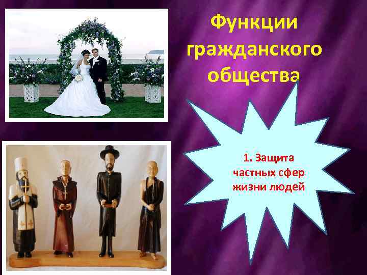  Функции гражданского  общества   1. Защита частных сфер жизни людей 