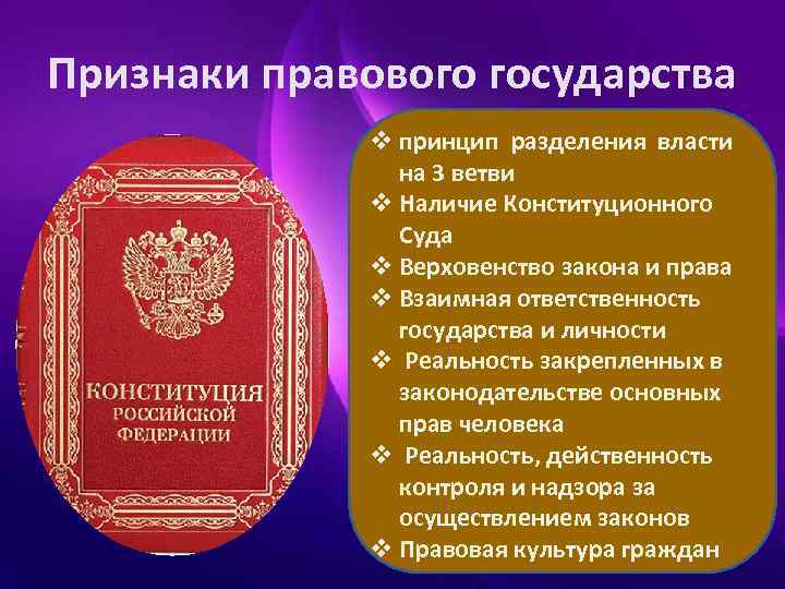 Признаки правового государства    v принцип разделения власти   на 3