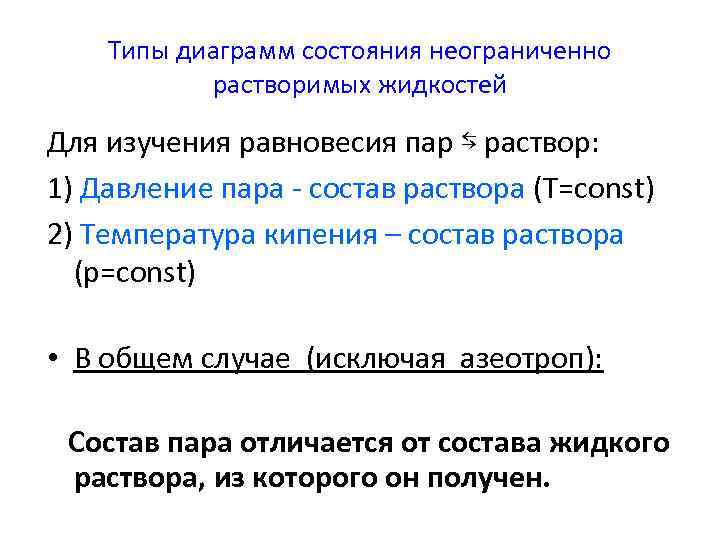   Типы диаграмм состояния неограниченно  растворимых жидкостей Для изучения равновесия пар ⇆