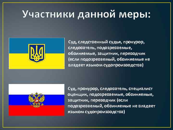 Участники данной меры:   Суд, следственный судья, прокурор,   следователь, подозреваемые, 