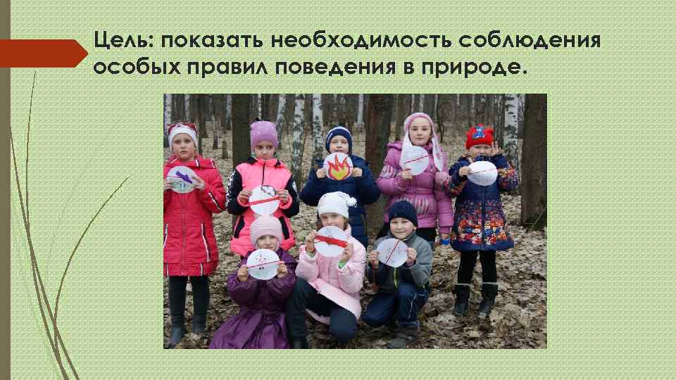 Цель: показать необходимость соблюдения особых правил поведения в природе. 