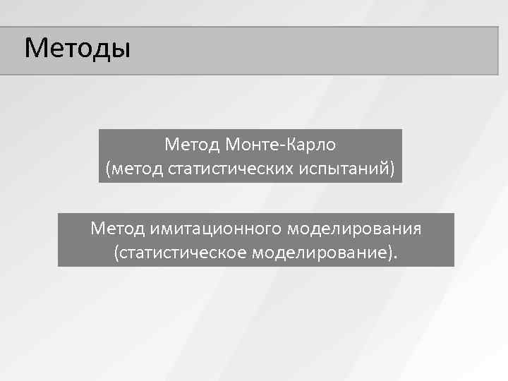 Методы  Метод Монте-Карло (метод статистических испытаний) Метод имитационного моделирования (статистическое моделирование). 