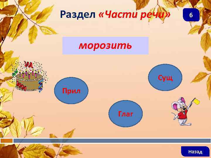 Раздел «Части речи» 6  морозить    Сущ Прил  Глаг 