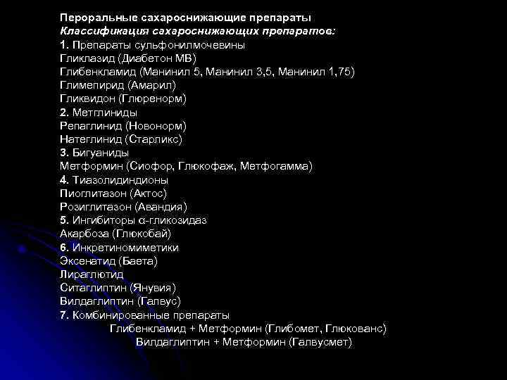 Пероральные сахароснижающие препараты Классификация сахароснижающих препаратов: 1. Препараты сульфонилмочевины Гликлазид (Диабетон МВ) Глибенкламид (Манинил