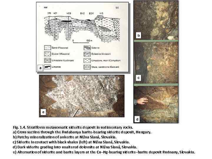 Fig. 1. 4. Stratiform metasomatic siderite deposit in sedimentary rocks. a) Cross section through