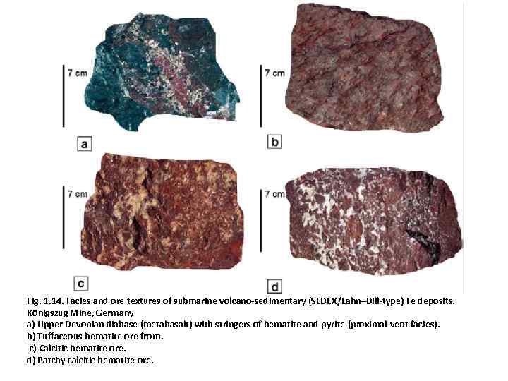 Fig. 1. 14. Facies and ore textures of submarine volcano-sedimentary (SEDEX/Lahn–Dill-type) Fe deposits. Königszug