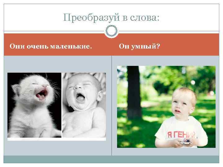   Преобразуй в слова:  Они очень маленькие.  Он умный? 