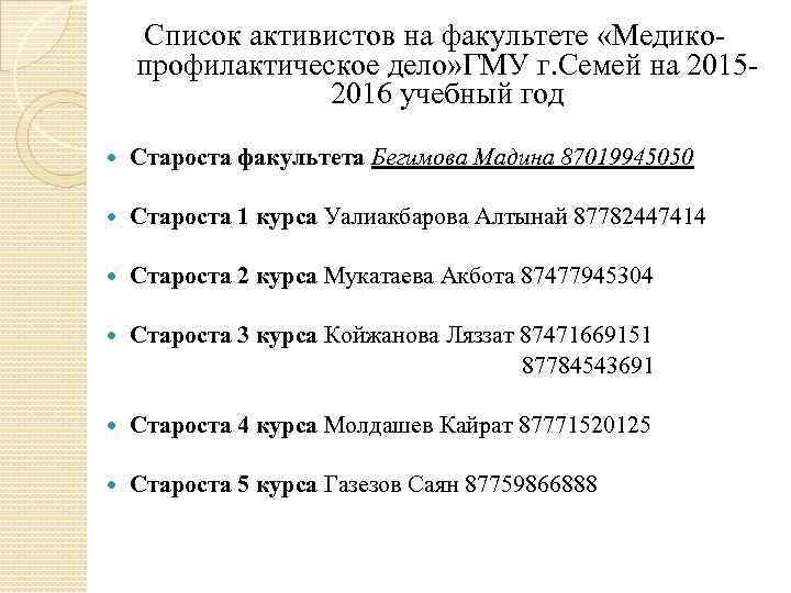  Список активистов на факультете «Медико- профилактическое дело» ГМУ г. Семей на 2015 -
