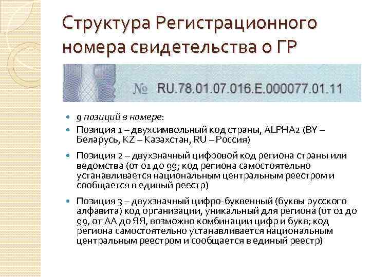 Структура Регистрационного номера свидетельства о ГР 9 позиций в номере:  Позиция 1 –