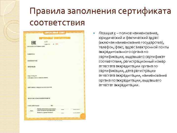 Правила заполнения сертификата соответствия   Позиция 5 – полное наименование,   