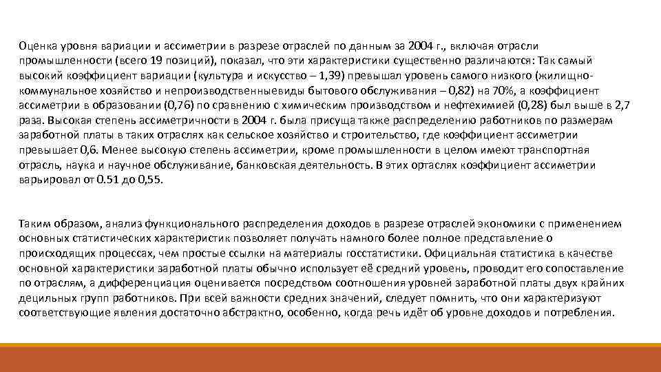 Оценка уровня вариации и ассиметрии в разрезе отраслей по данным за 2004 г. ,