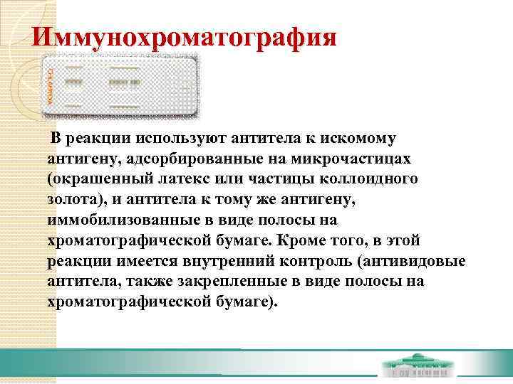 Иммунохроматография В реакции используют антитела к искомому  антигену, адсорбированные на микрочастицах  (окрашенный