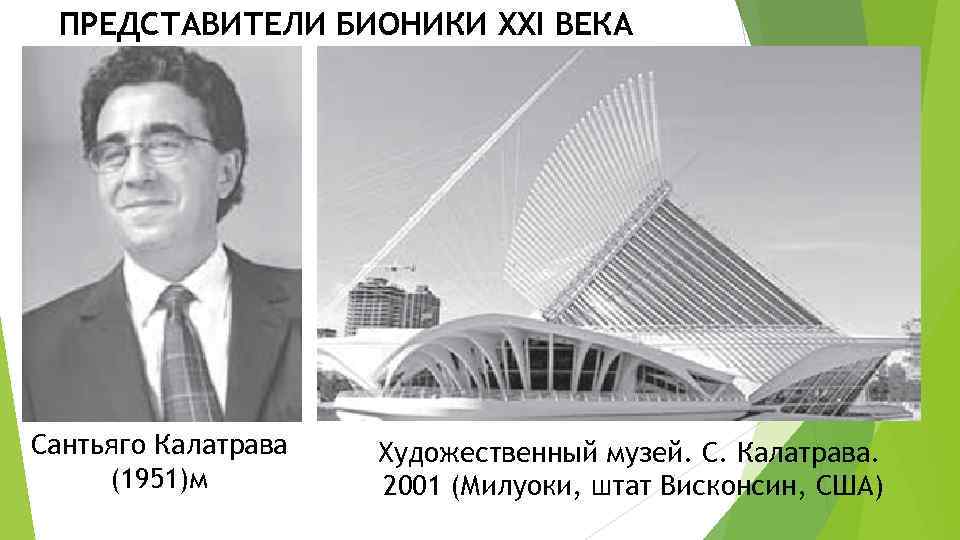  ПРЕДСТАВИТЕЛИ БИОНИКИ XXI ВЕКА Сантьяго Калатрава  Художественный музей. С. Калатрава.  (1951)м