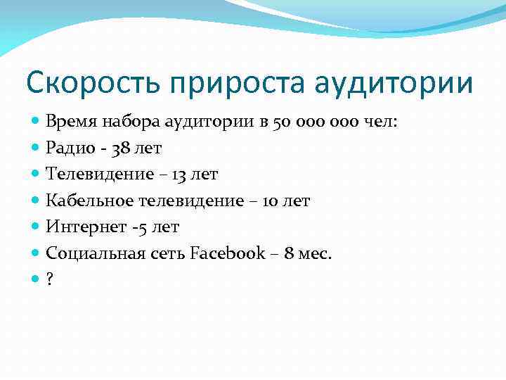 Скорость прироста аудитории Время набора аудитории в 50 000 чел: Радио - 38 лет