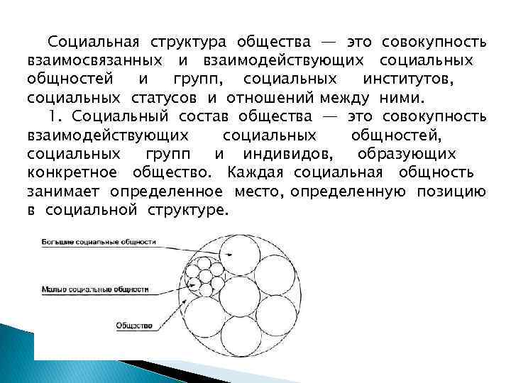   Социальная структура общества — это совокупность взаимосвязанных и взаимодействующих социальных общностей 