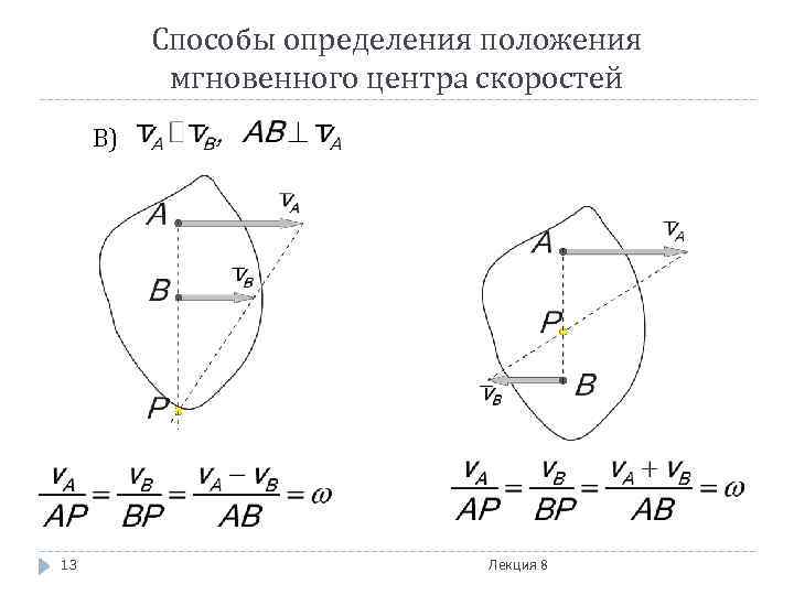    Способы определения положения  мгновенного центра скоростей В) 13  