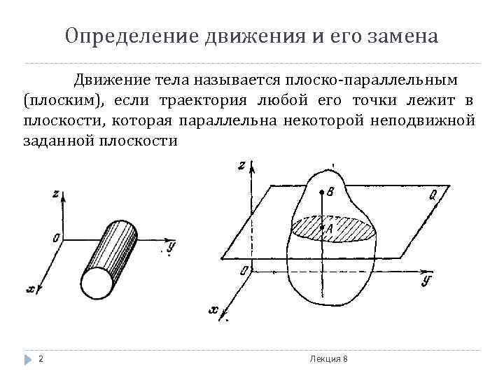  Определение движения и его замена  Движение тела называется плоско-параллельным (плоским), если траектория