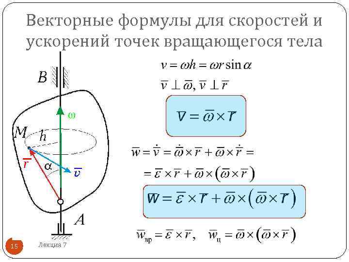  Векторные формулы для скоростей и ускорений точек вращающегося тела 15  Лекция 7