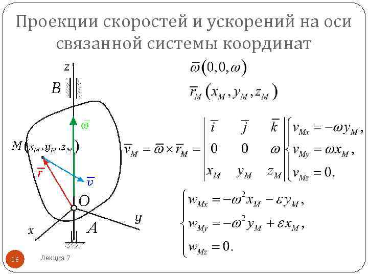  Проекции скоростей и ускорений на оси связанной системы координат 16  Лекция 7