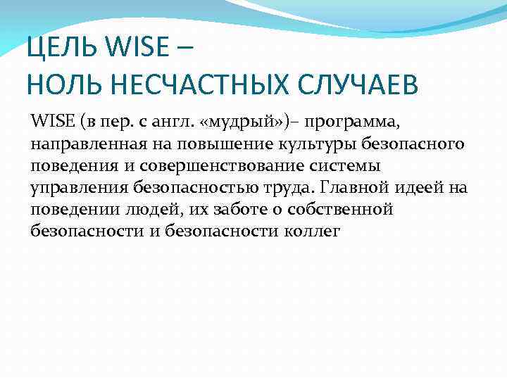 ЦЕЛЬ WISE – НОЛЬ НЕСЧАСТНЫХ СЛУЧАЕВ WISE (в пер. с англ.  «мудрый» )–