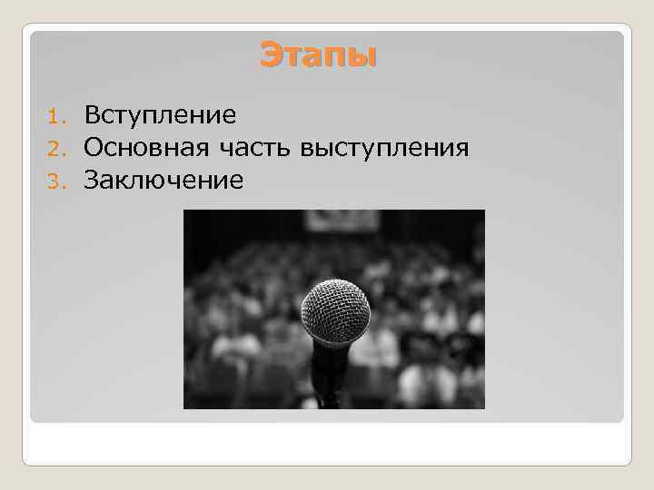    Этапы 1. Вступление 2. Основная часть выступления 3. Заключение 