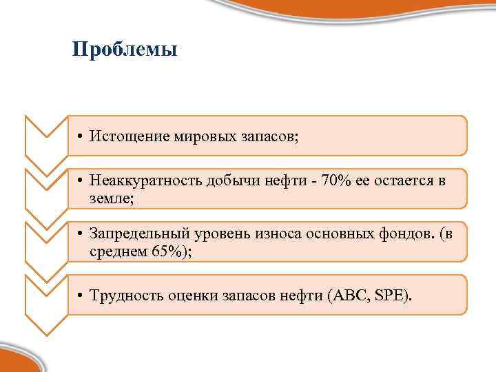 Проблемы  • Истощение мировых запасов;  • Неаккуратность добычи нефти - 70% ее