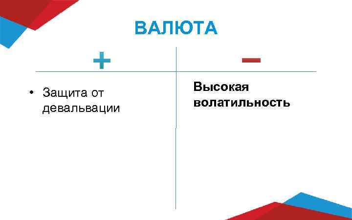     ВАЛЮТА  • Защита от   Высокая  девальвации