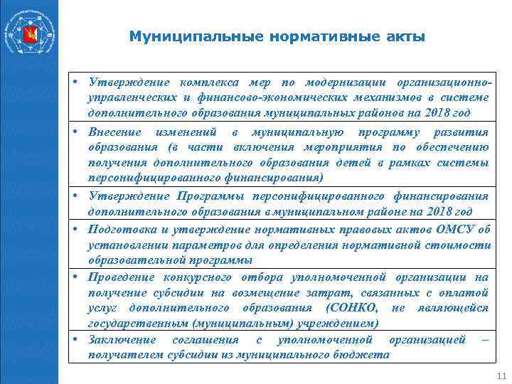   Муниципальные нормативные акты  • Утверждение комплекса мер по модернизации организационно- 