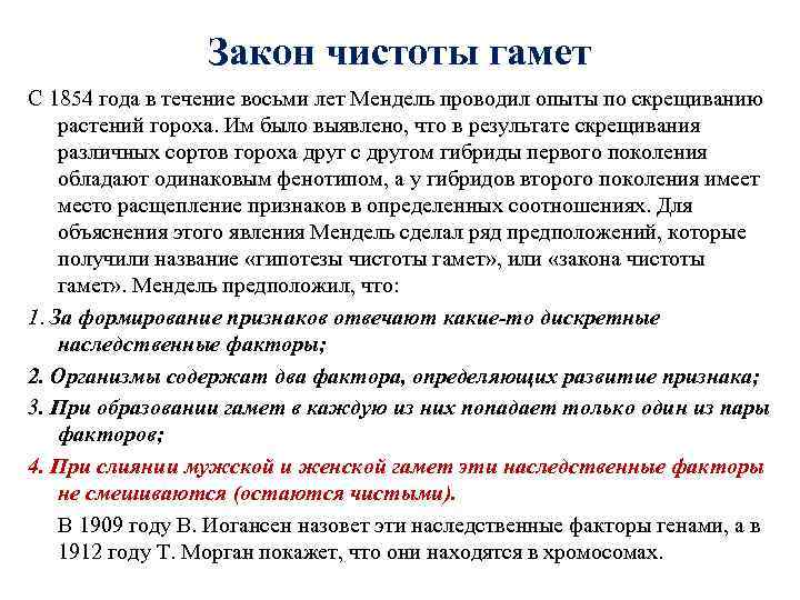    Закон чистоты гамет С 1854 года в течение восьми лет Мендель
