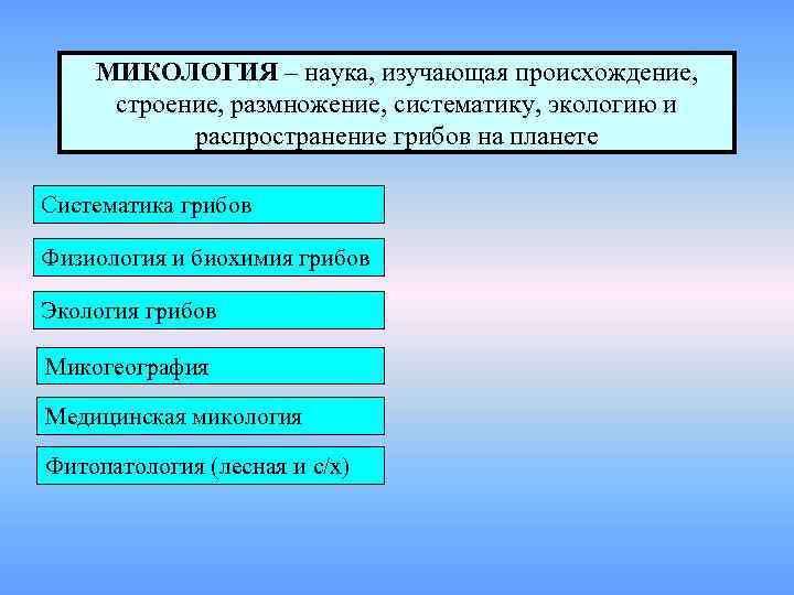   МИКОЛОГИЯ – наука, изучающая происхождение,  строение, размножение, систематику, экологию и 