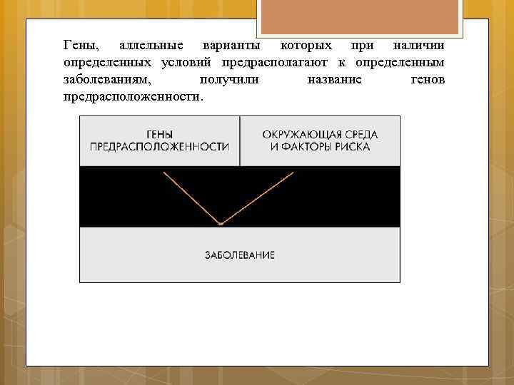 Гены,  аллельные варианты которых при наличии определенных условий предрасполагают к определенным заболеваниям, 