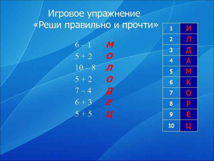   Игровое упражнение «Реши правильно и прочти»  1  И  