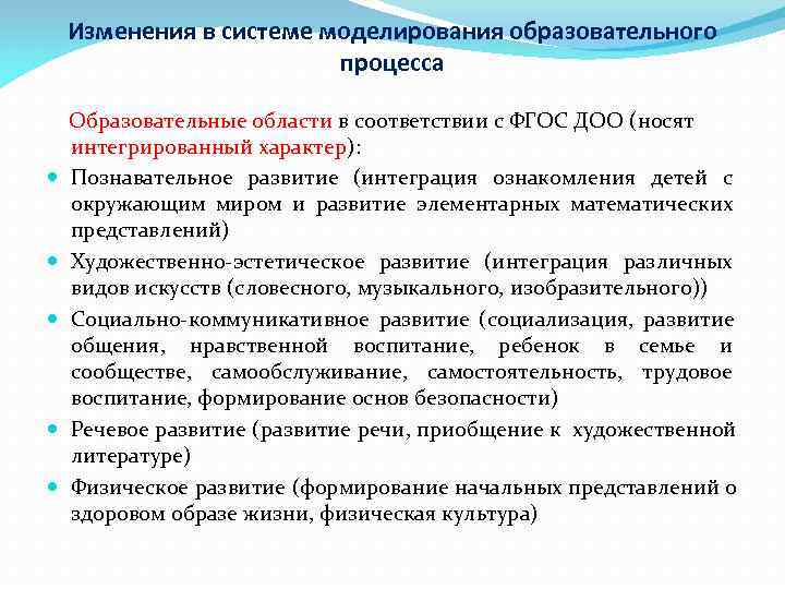   Изменения в системе моделирования образовательного     процесса Образовательные области
