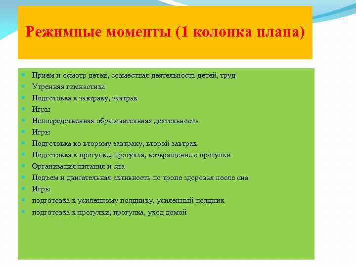 Режимные моменты (1 колонка плана) Прием и осмотр детей, совместная деятельность детей, труд Утренняя