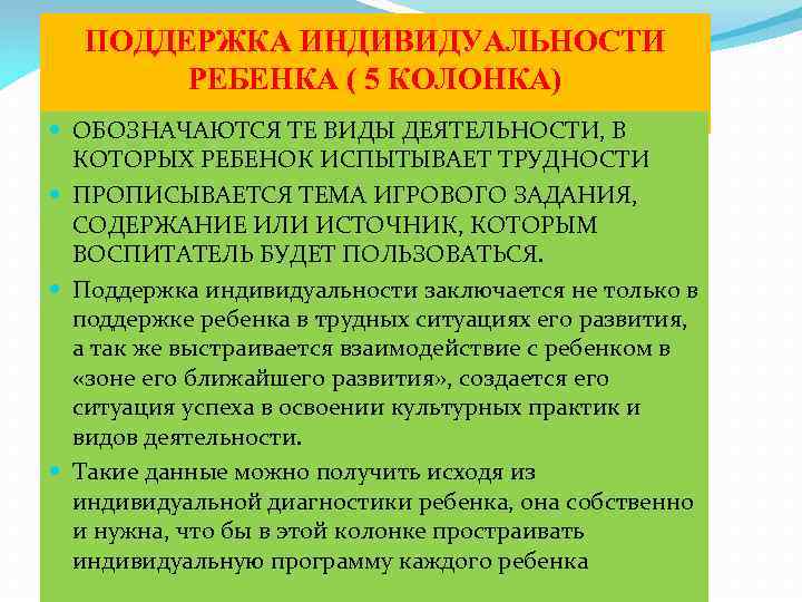  ПОДДЕРЖКА ИНДИВИДУАЛЬНОСТИ   РЕБЕНКА ( 5 КОЛОНКА)  ОБОЗНАЧАЮТСЯ ТЕ ВИДЫ ДЕЯТЕЛЬНОСТИ,