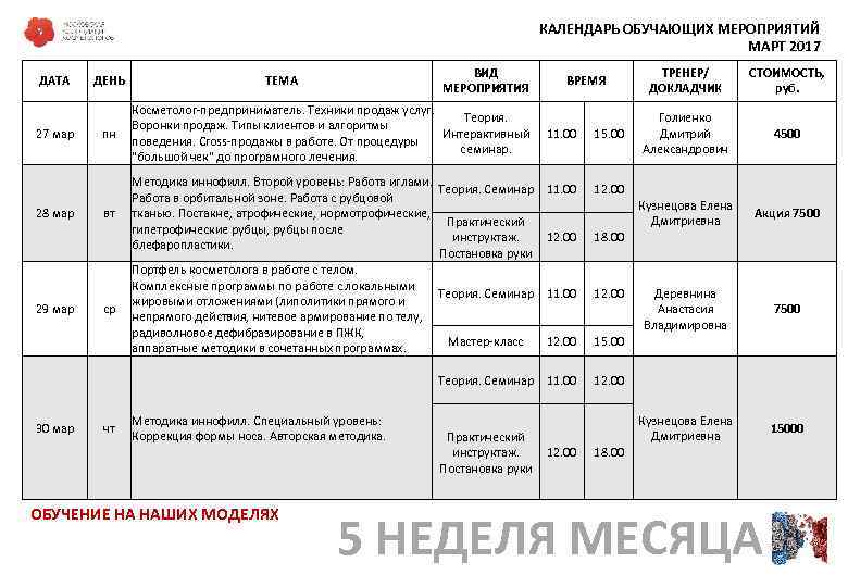        КАЛЕНДАРЬ ОБУЧАЮЩИХ МЕРОПРИЯТИЙ    МАРТ