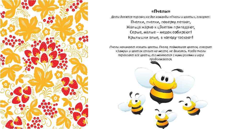 «Пчелы» Дети делятся поровну на две команды «Пчелы и «Пчелы» Дети делятся поровну на две команды «Пчелы и