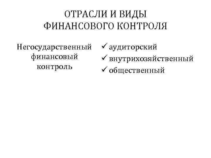    ОТРАСЛИ И ВИДЫ  ФИНАНСОВОГО КОНТРОЛЯ Негосударственный  ü аудиторский 