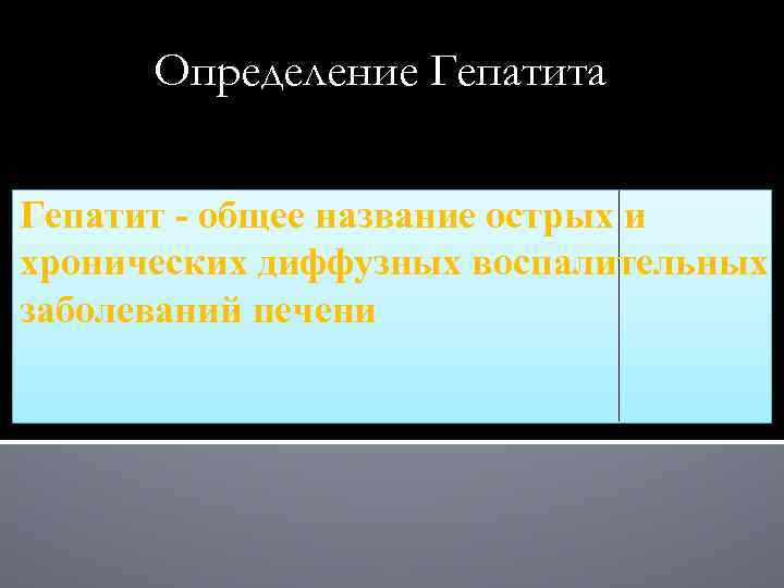 Определение Гепатита Гепатит - общее название острых и хронических диффузных воспалительных заболеваний печени