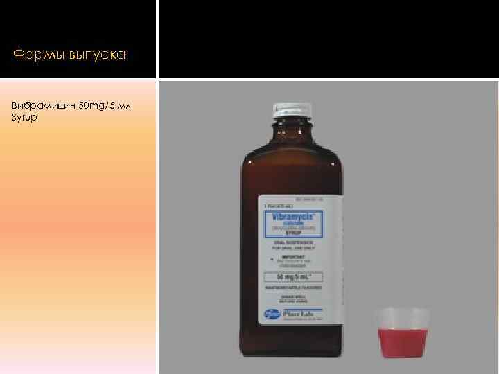 Формы выпуска  Вибрамицин 50 mg/5 мл Syrup 