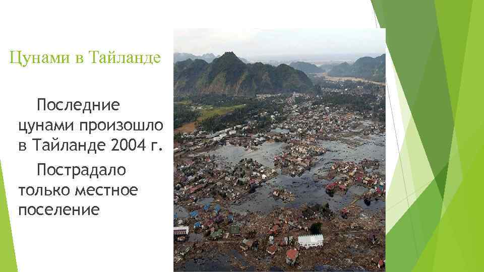Цунами в Тайланде  Последние цунами произошло в Тайланде 2004 г.  Пострадало только